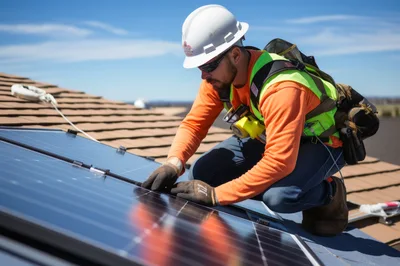 Solar Panel Technician Installing Equipment On Residential Roof