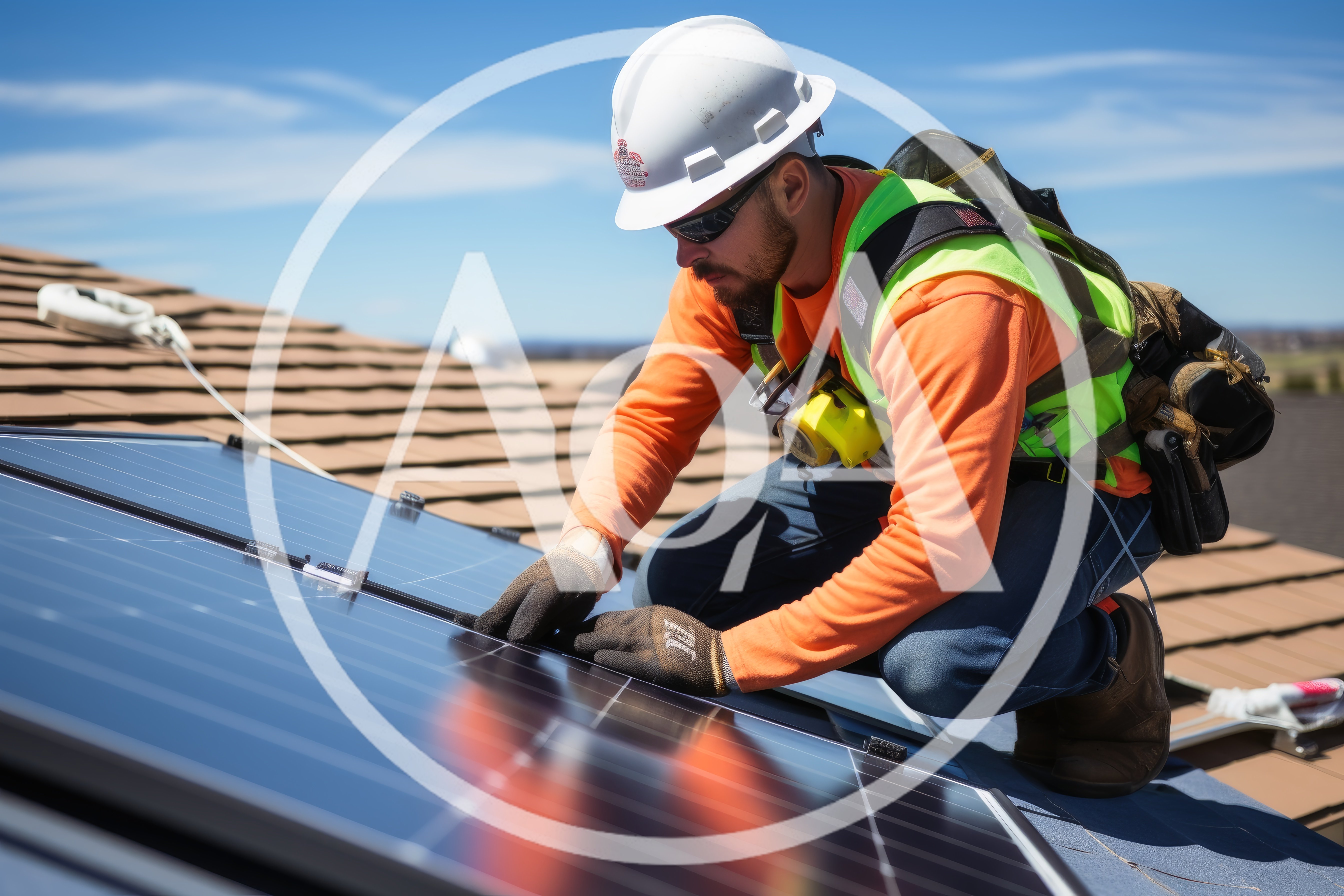 Solar Panel Technician Installing Equipment On Residential Roof