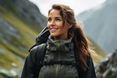 Smiling Female Hiker With Backpack In Mountain Landscape