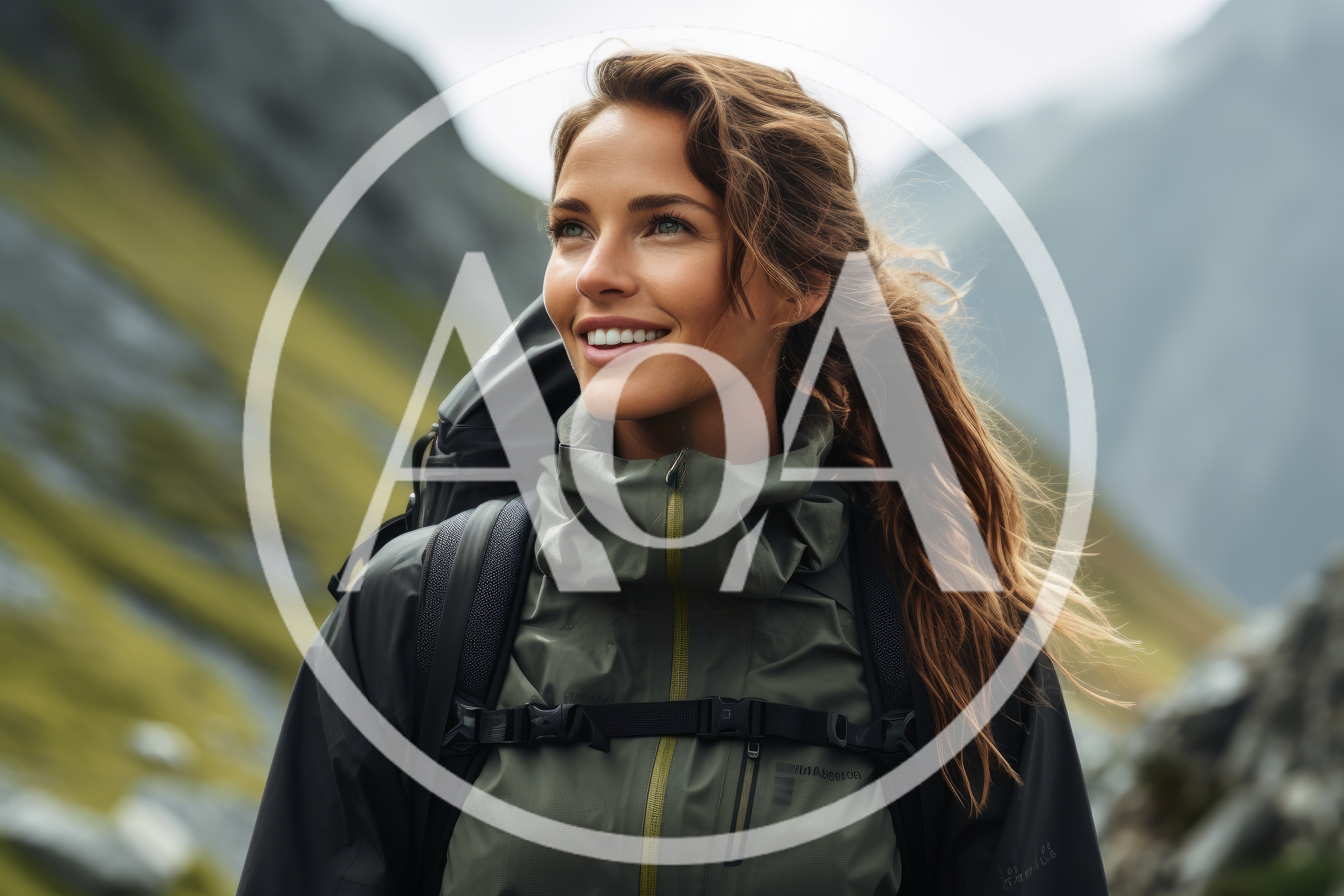 Smiling Female Hiker With Backpack In Mountain Landscape