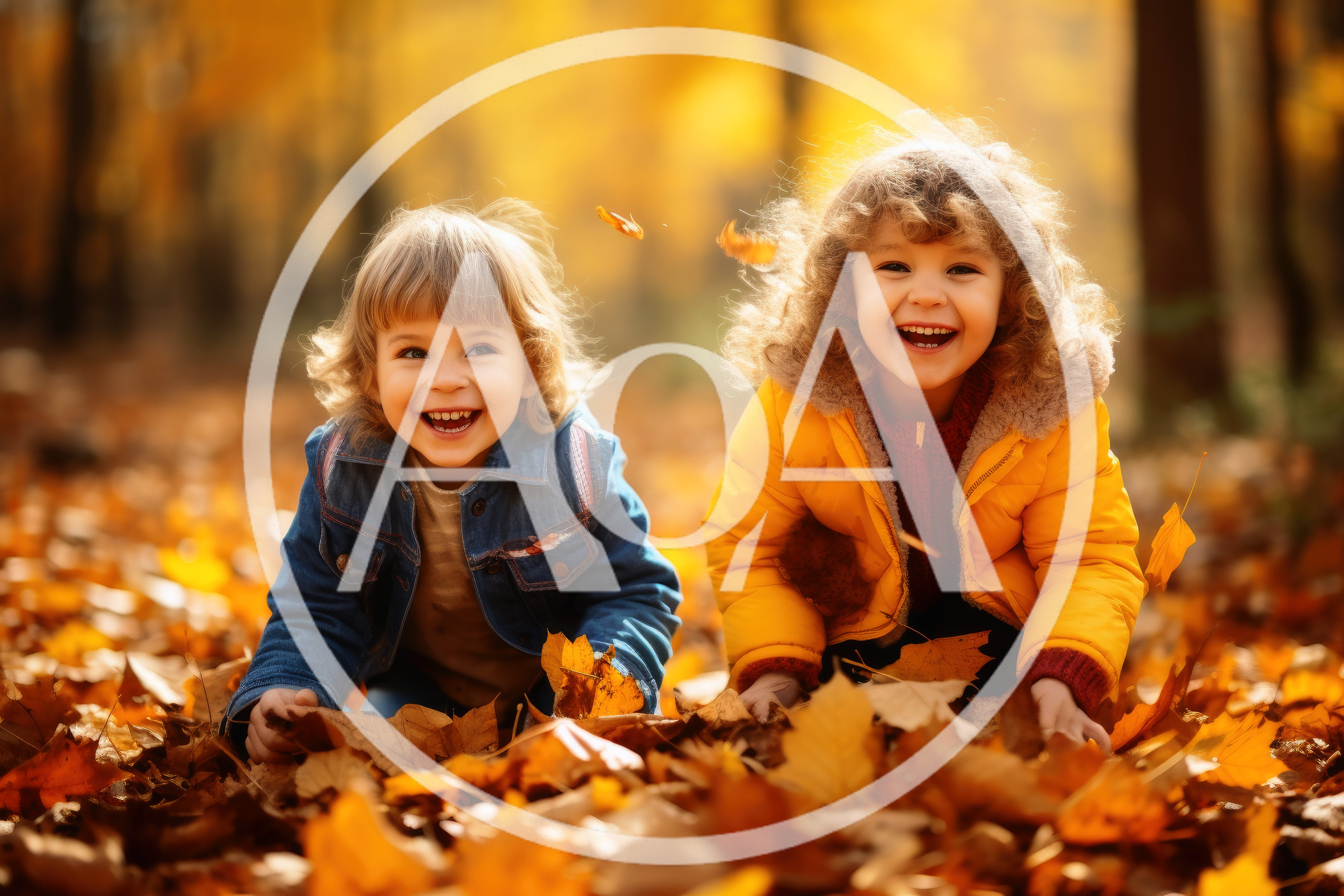 Two Happy Children Playing In Autumn Leaves