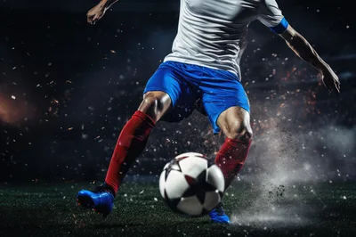 Professional Soccer Player Kicking Ball On Stadium Field