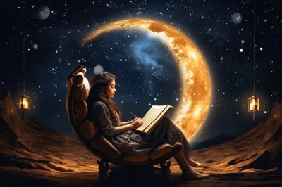 Young Woman Writing In A Book Under Crescent Moon