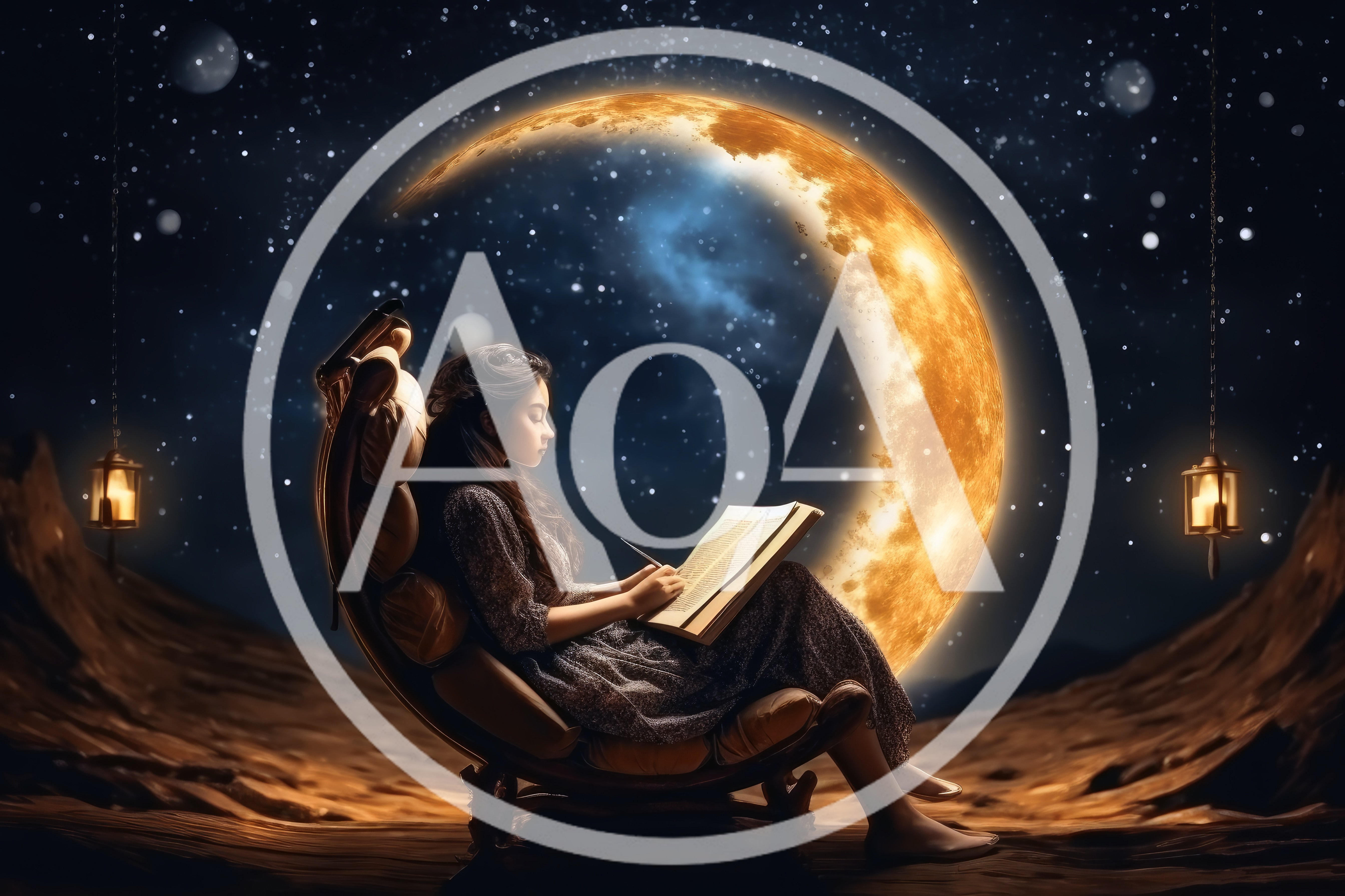 Young Woman Writing In A Book Under Crescent Moon