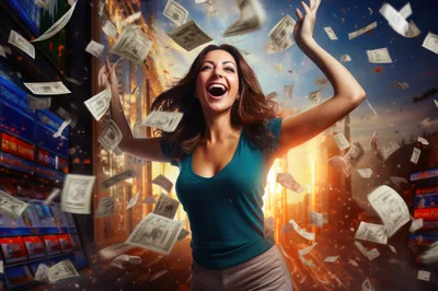 Excited Woman Celebrating Success With Falling Money