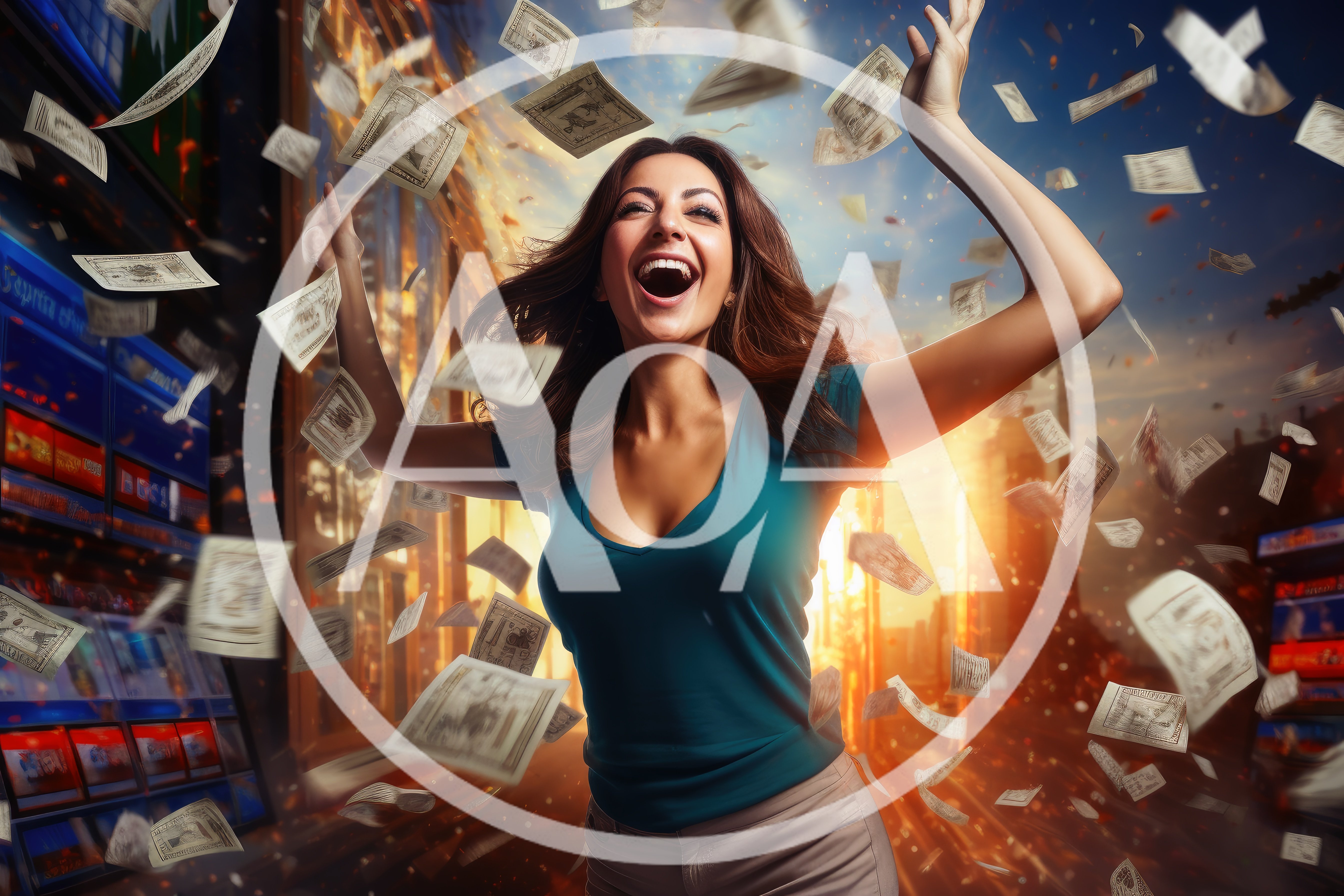 Excited Woman Celebrating Success With Falling Money