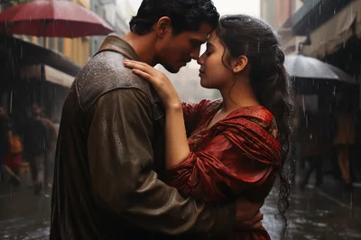 Couple Embracing Intimately Under Rain in City Street