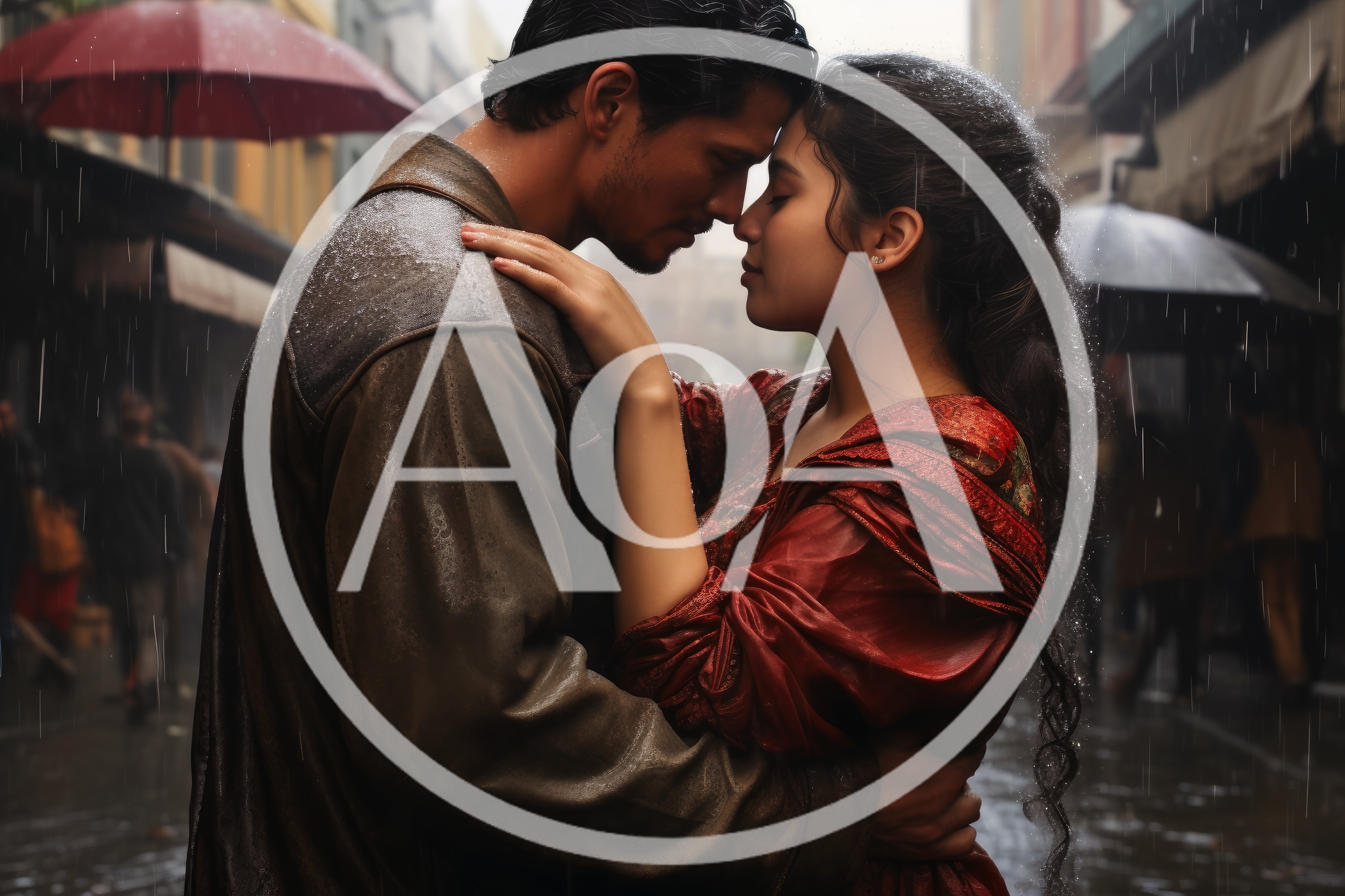 Couple Embracing Intimately Under Rain in City Street