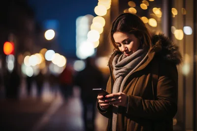 Young Woman Using Smartphone On City Street At Night
