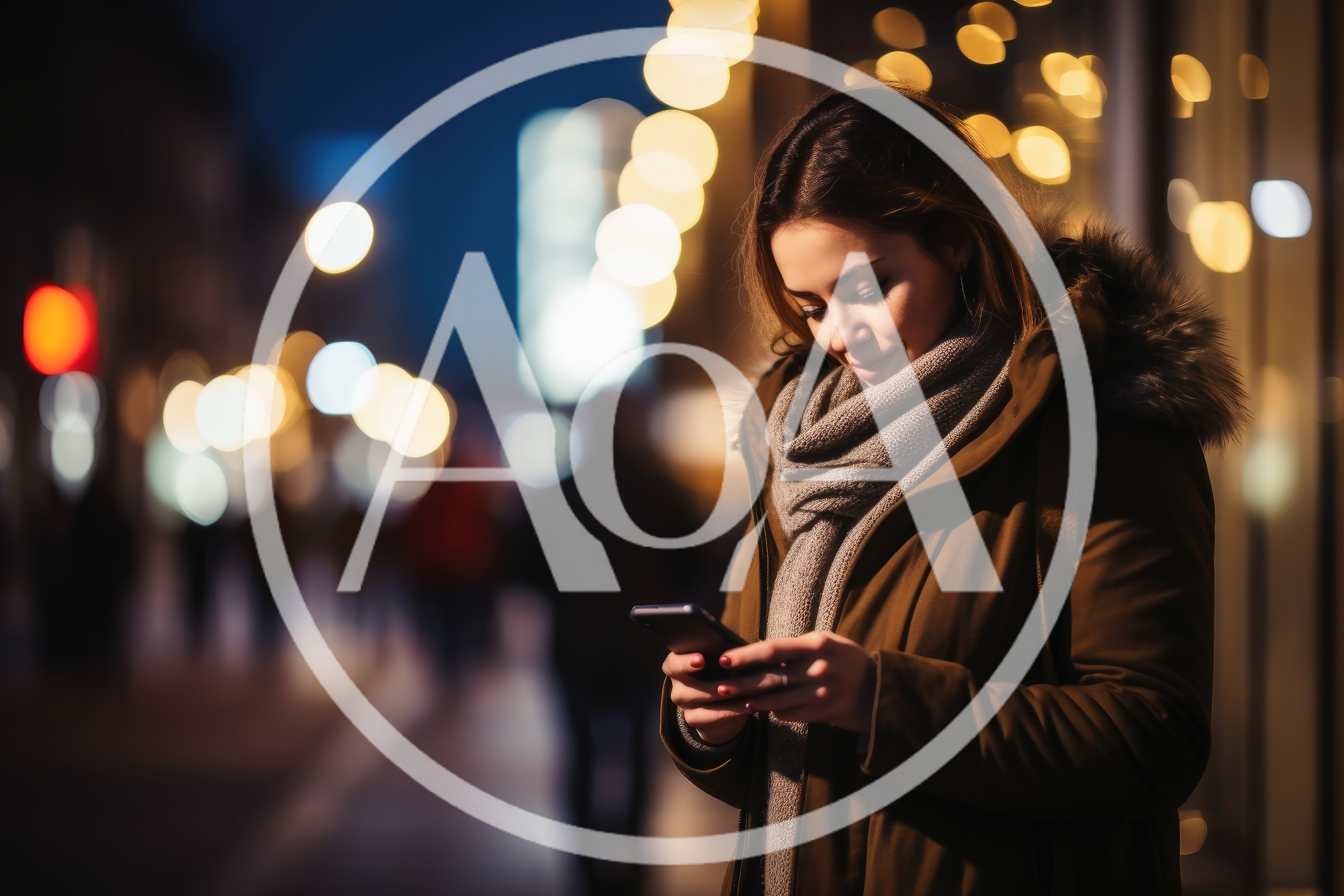 Young Woman Using Smartphone On City Street At Night