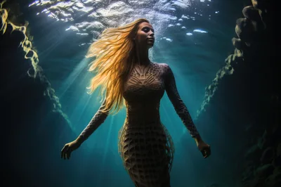 Ethereal Woman Floating Underwater In Intricate Patterned Dress