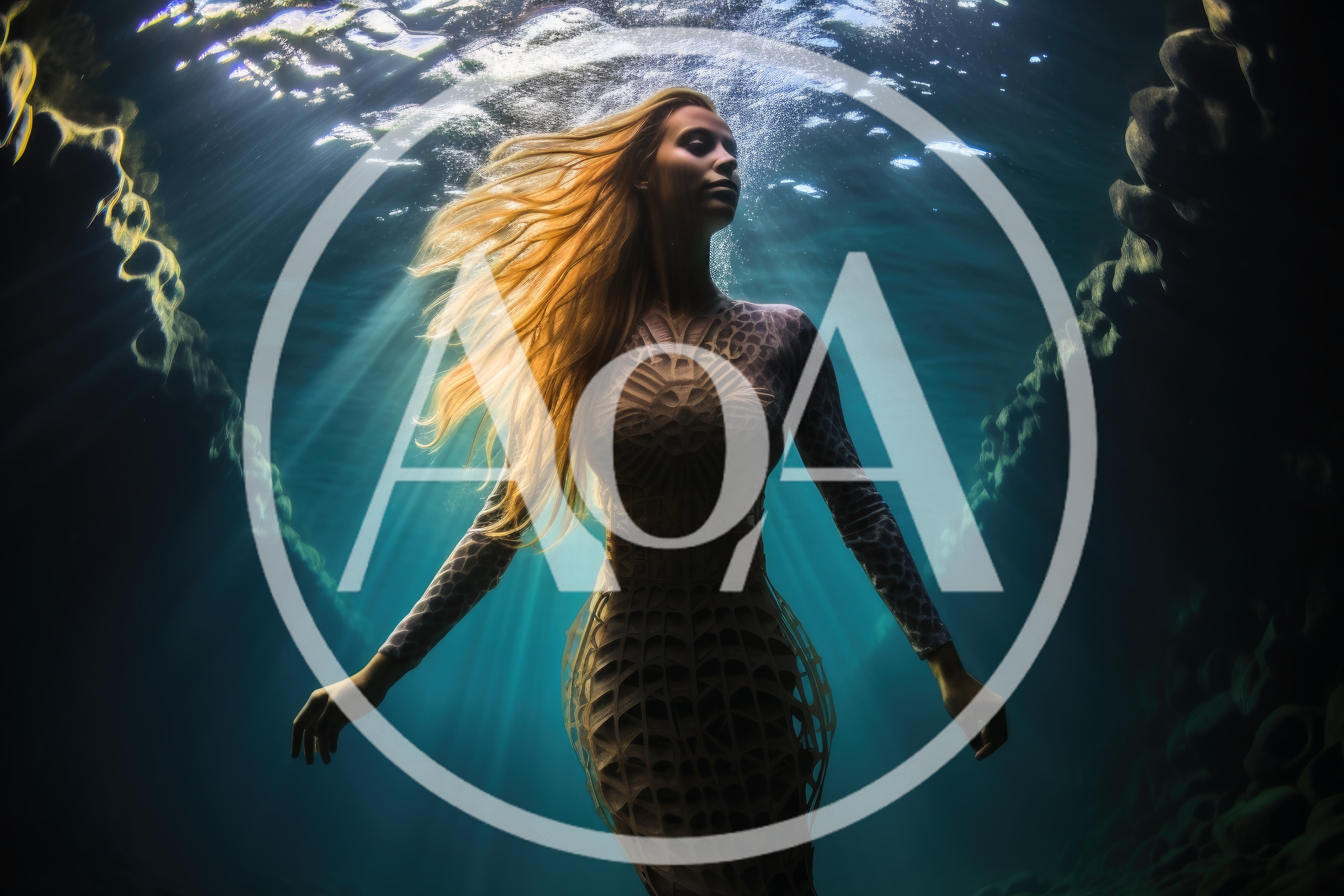 Ethereal Woman Floating Underwater In Intricate Patterned Dress