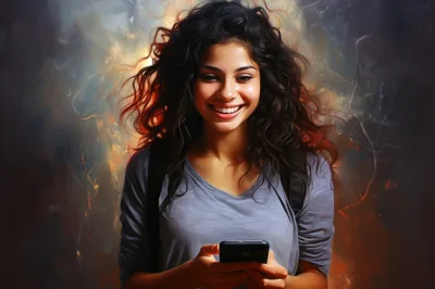 Young Woman Smiling While Using Her Smartphone