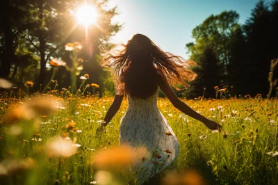Young Woman Spinning in a Sunlit Wildflower Meadow