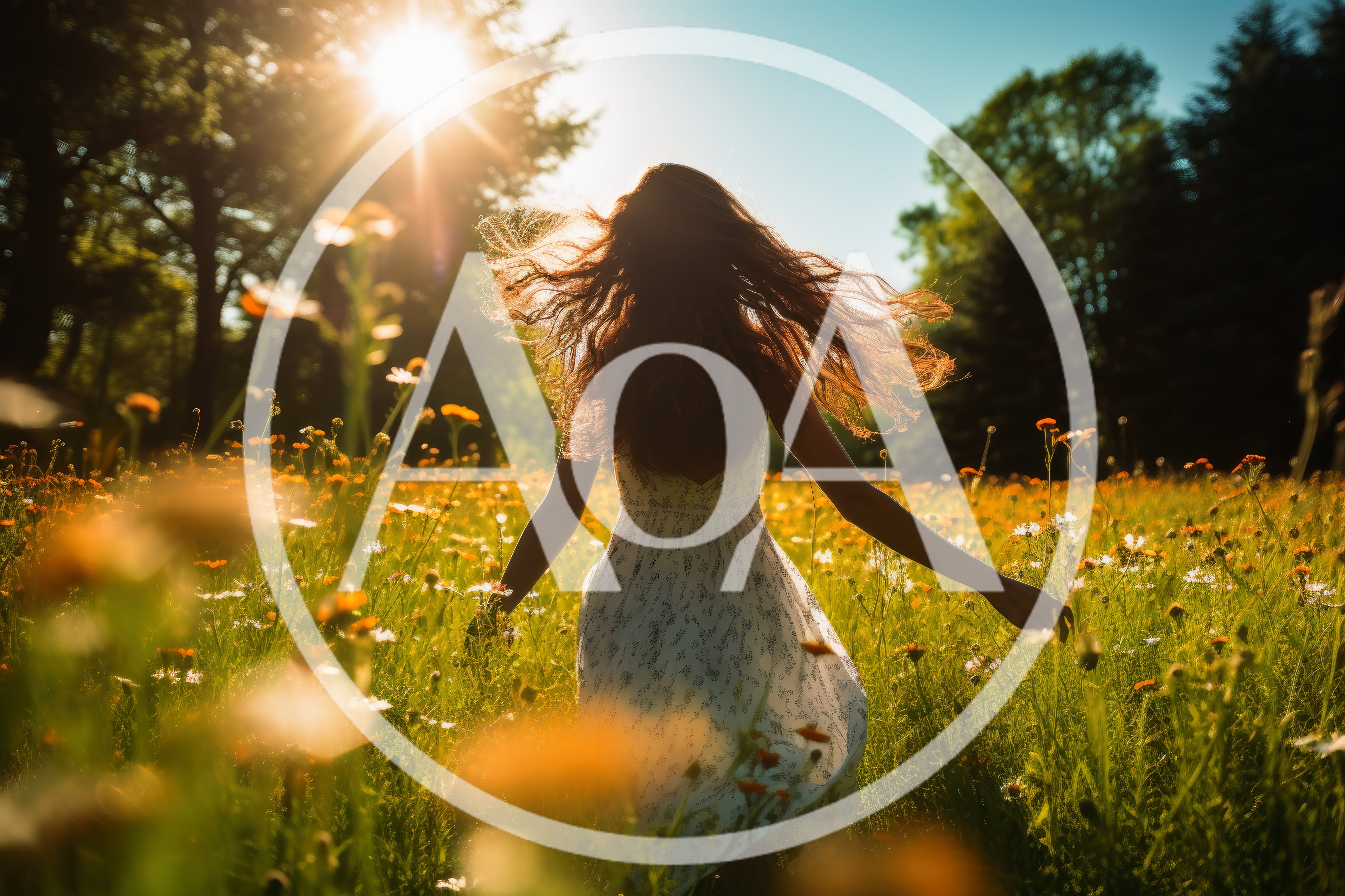 Young Woman Spinning in a Sunlit Wildflower Meadow