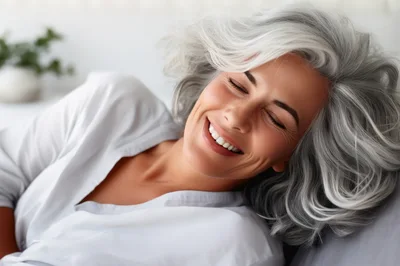 Happy Mature Woman With Gray Hair Resting In Bed