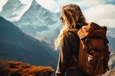 Young Woman Hiking With Backpack In Snowy Mountains