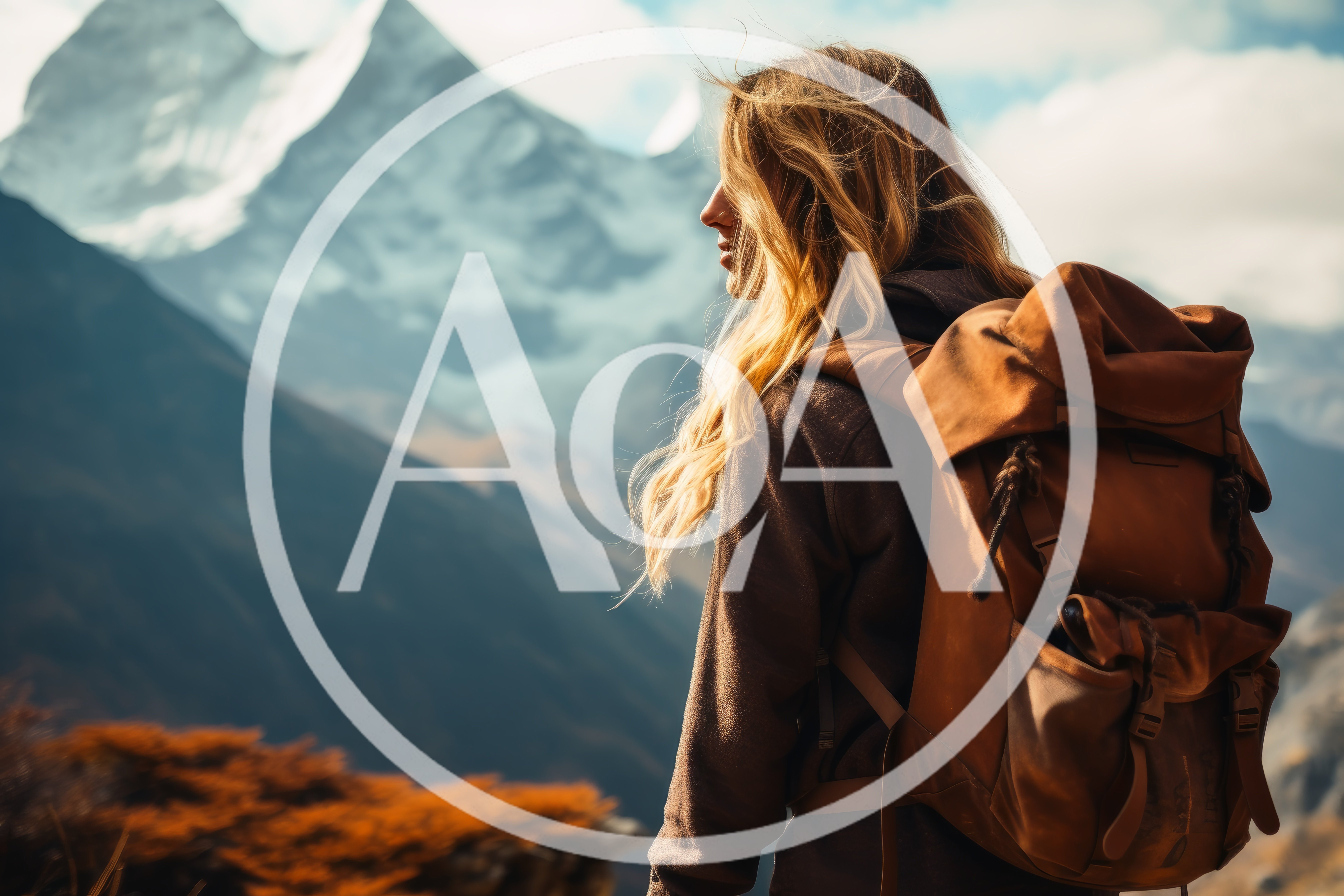 Young Woman Hiking With Backpack In Snowy Mountains