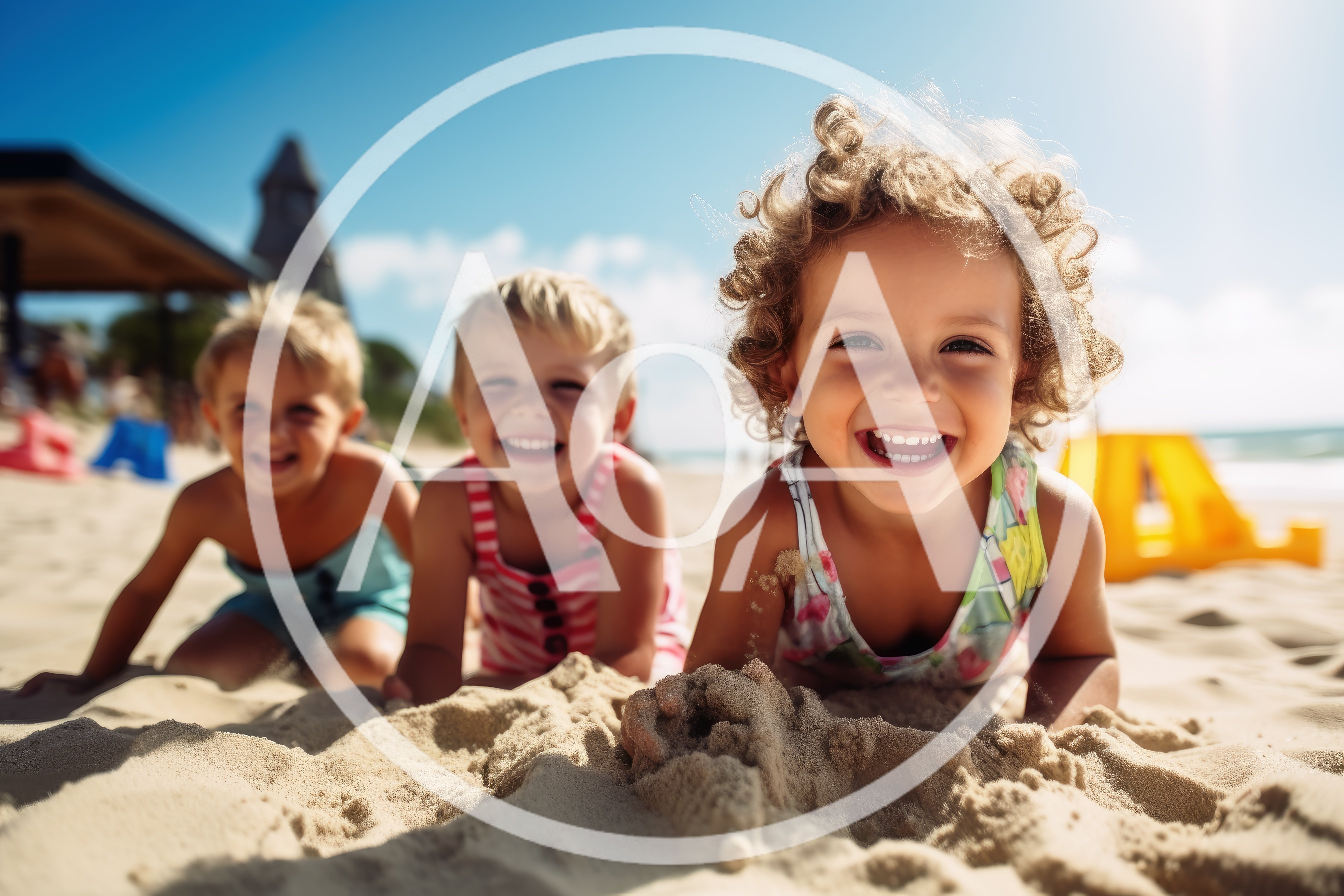 Three Happy Children Playing Together On A Sunny Beach