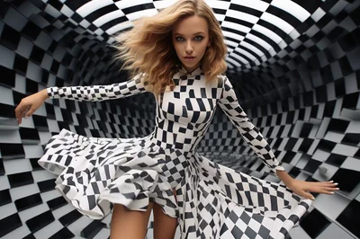 Fashion Model Posing In A Surreal Checkerboard Tunnel