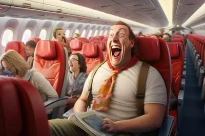 Excited Man Laughing Loudly On A Commercial Airplane