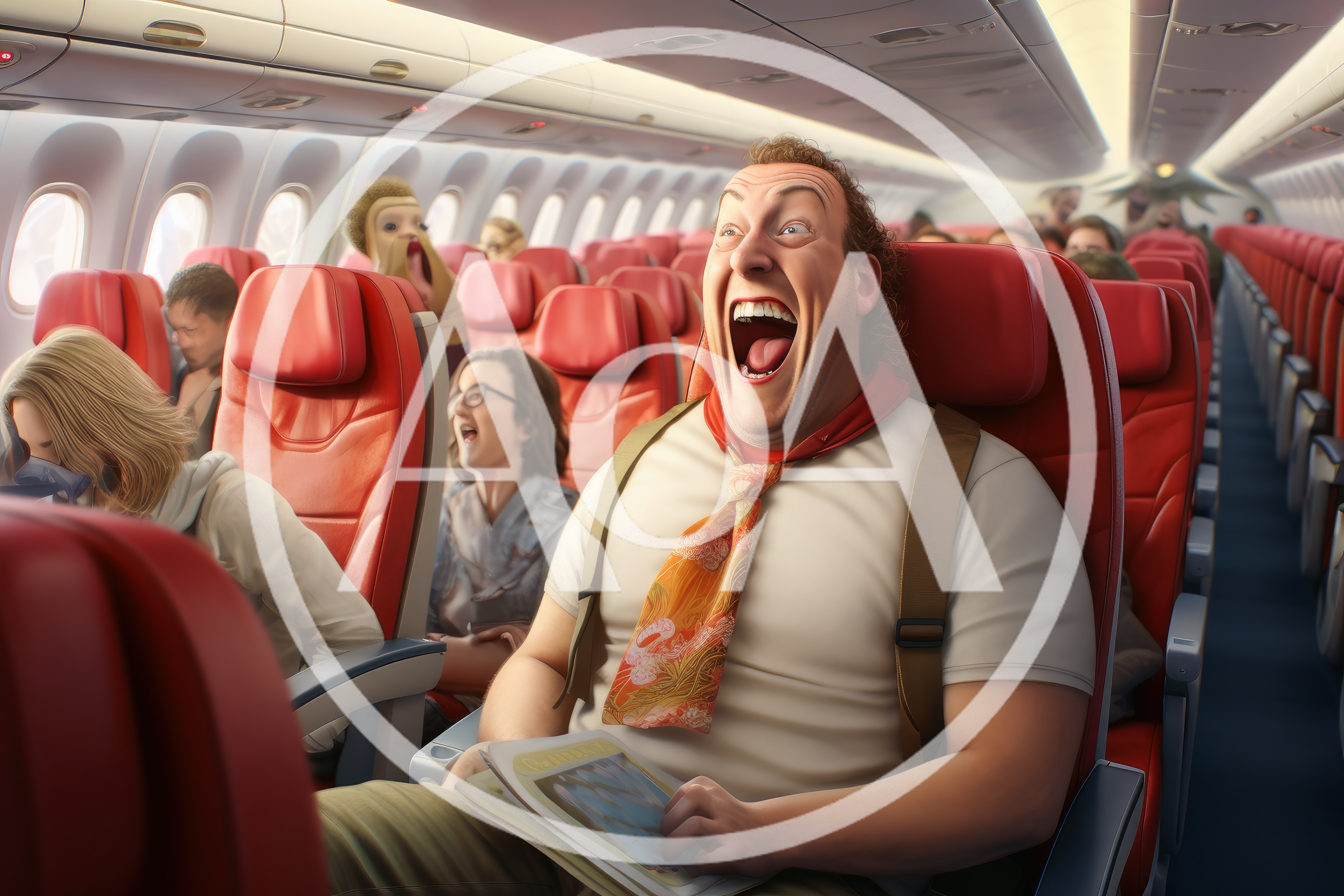 Excited Man Laughing Loudly On A Commercial Airplane