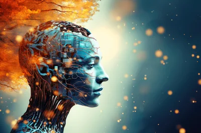 Futuristic Android Head With Digital Neural Network