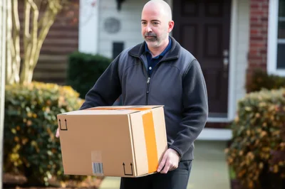 Delivery Driver Carrying Cardboard Package To Residential Home