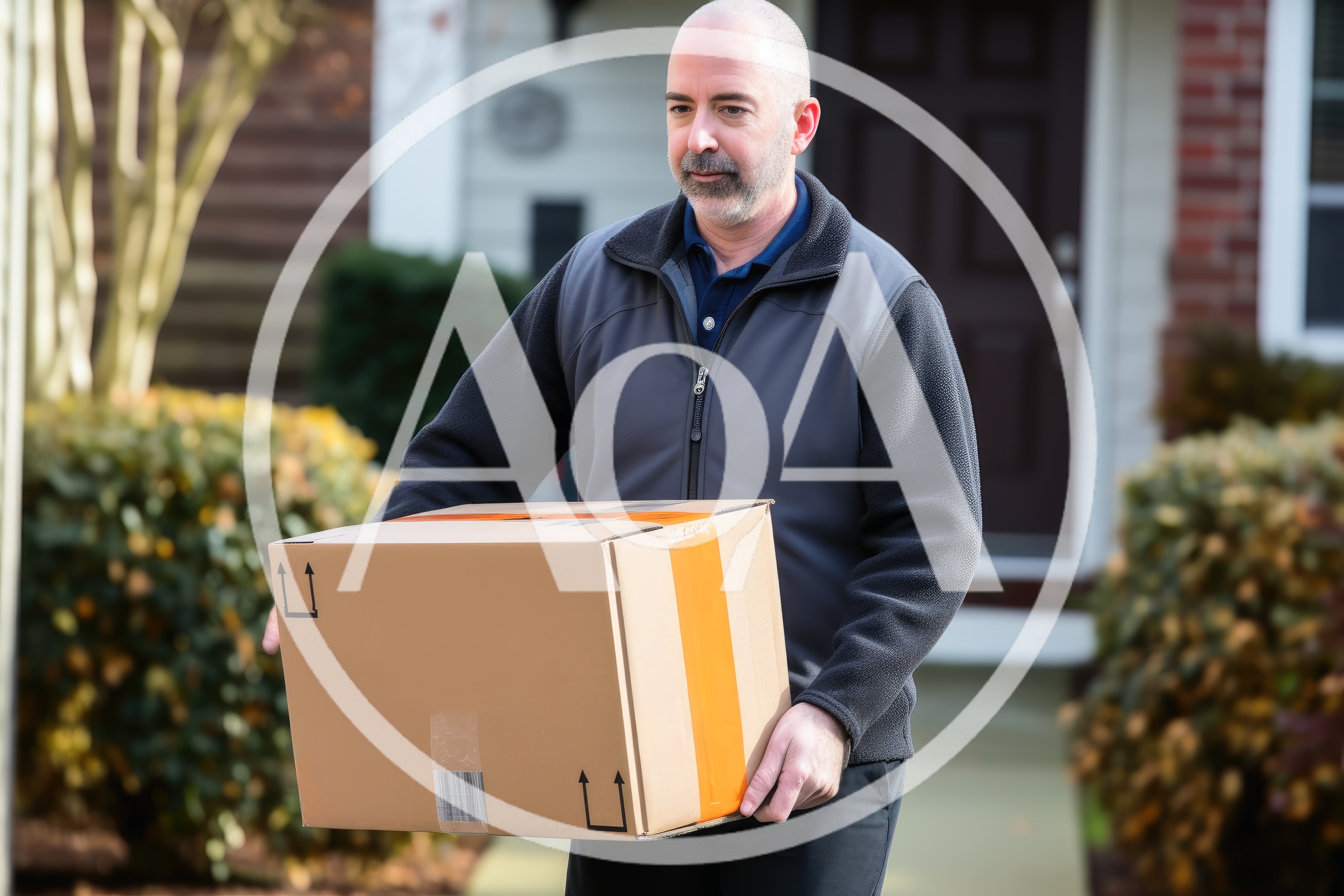 Delivery Driver Carrying Cardboard Package To Residential Home