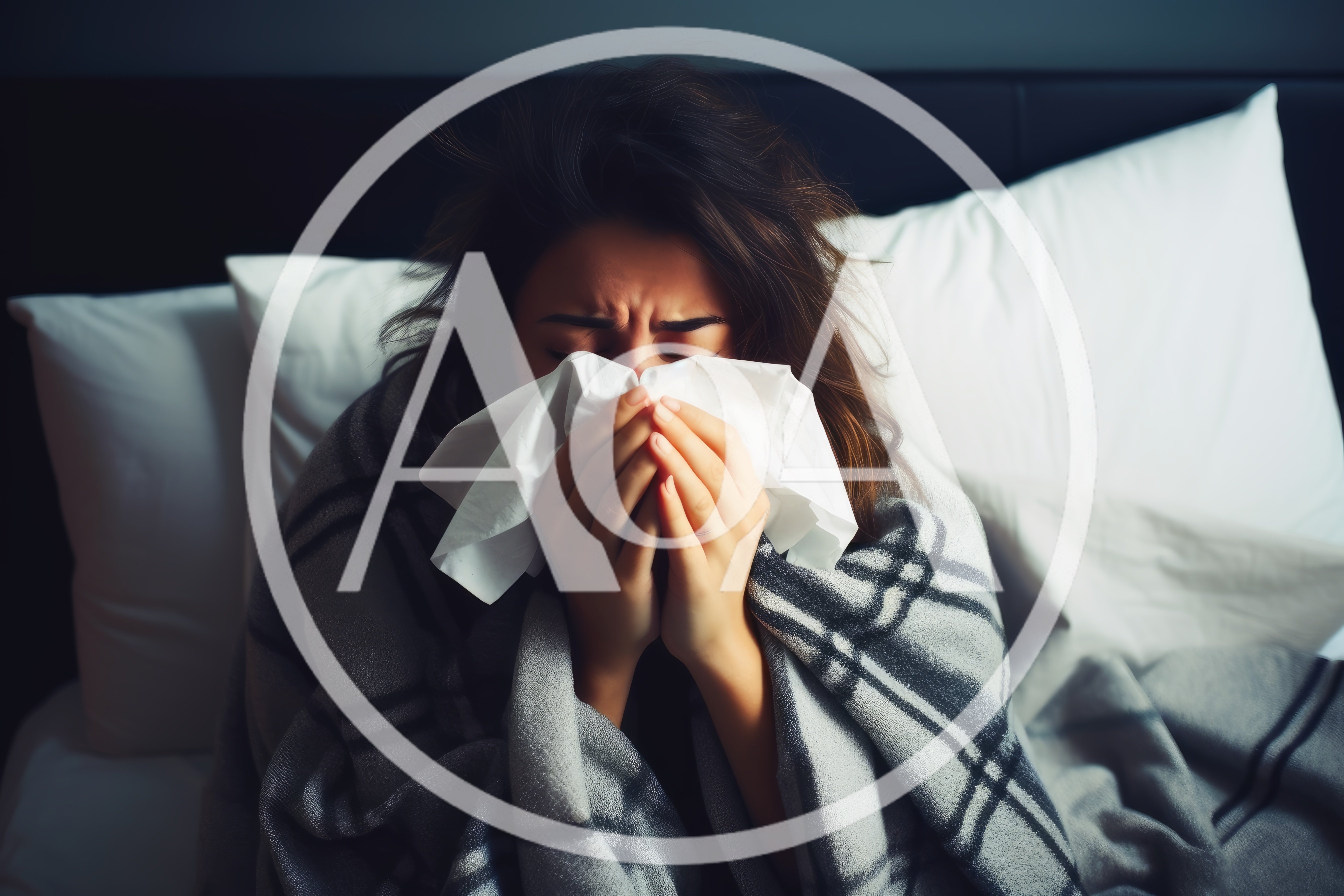 Sick Woman Blowing Her Nose In Bed