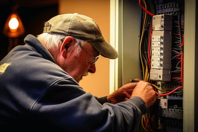 Senior Electrician Working On Residential Circuit Breaker Panel