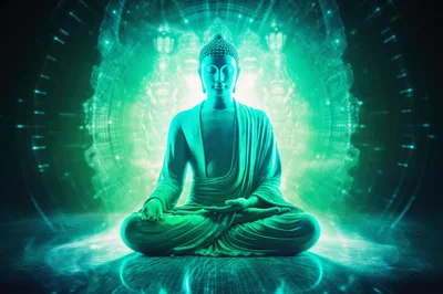 Meditating Buddha Statue With Glowing Digital Aura