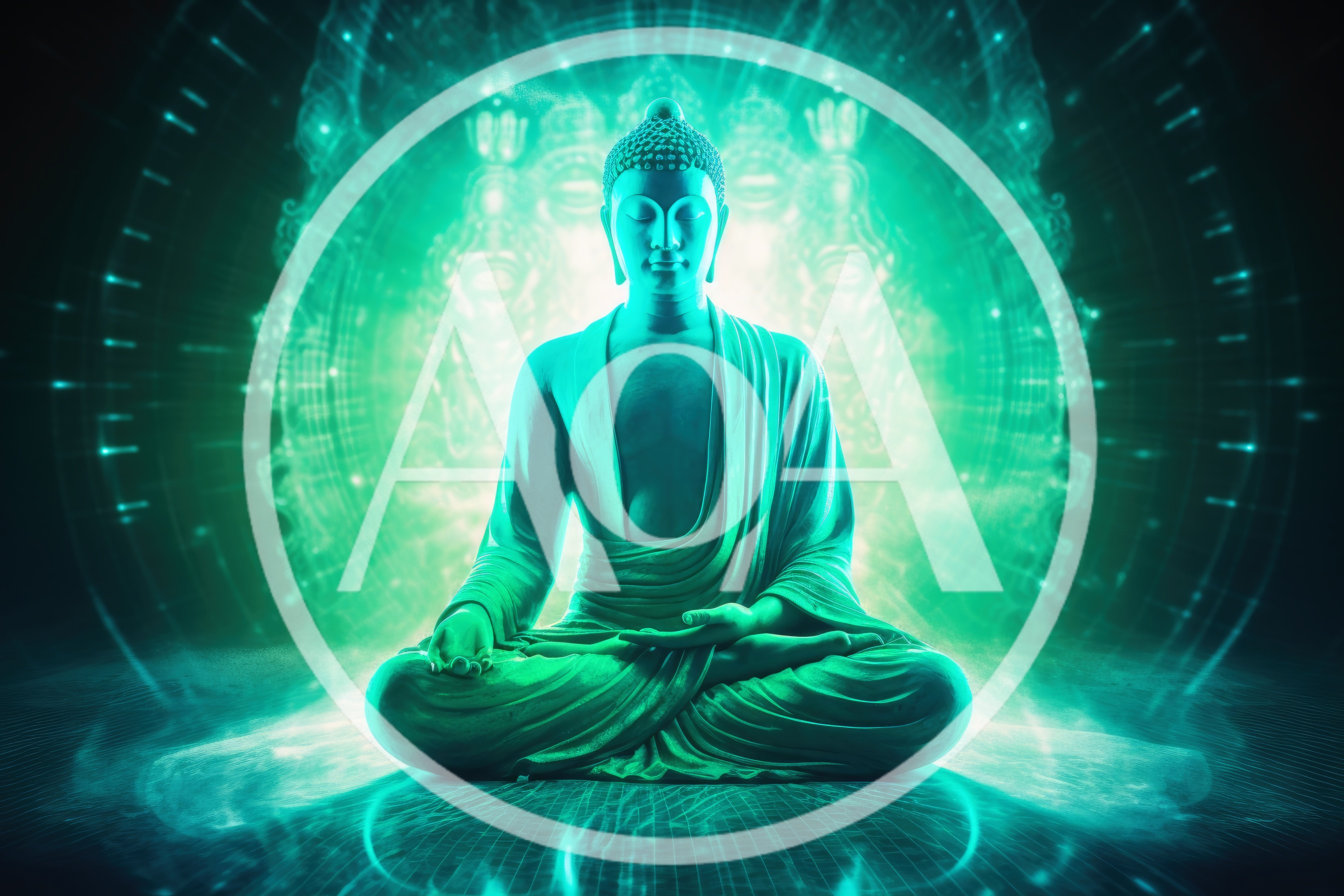 Meditating Buddha Statue With Glowing Digital Aura