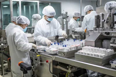 Pharmaceutical Workers Operating Automated Packaging Line