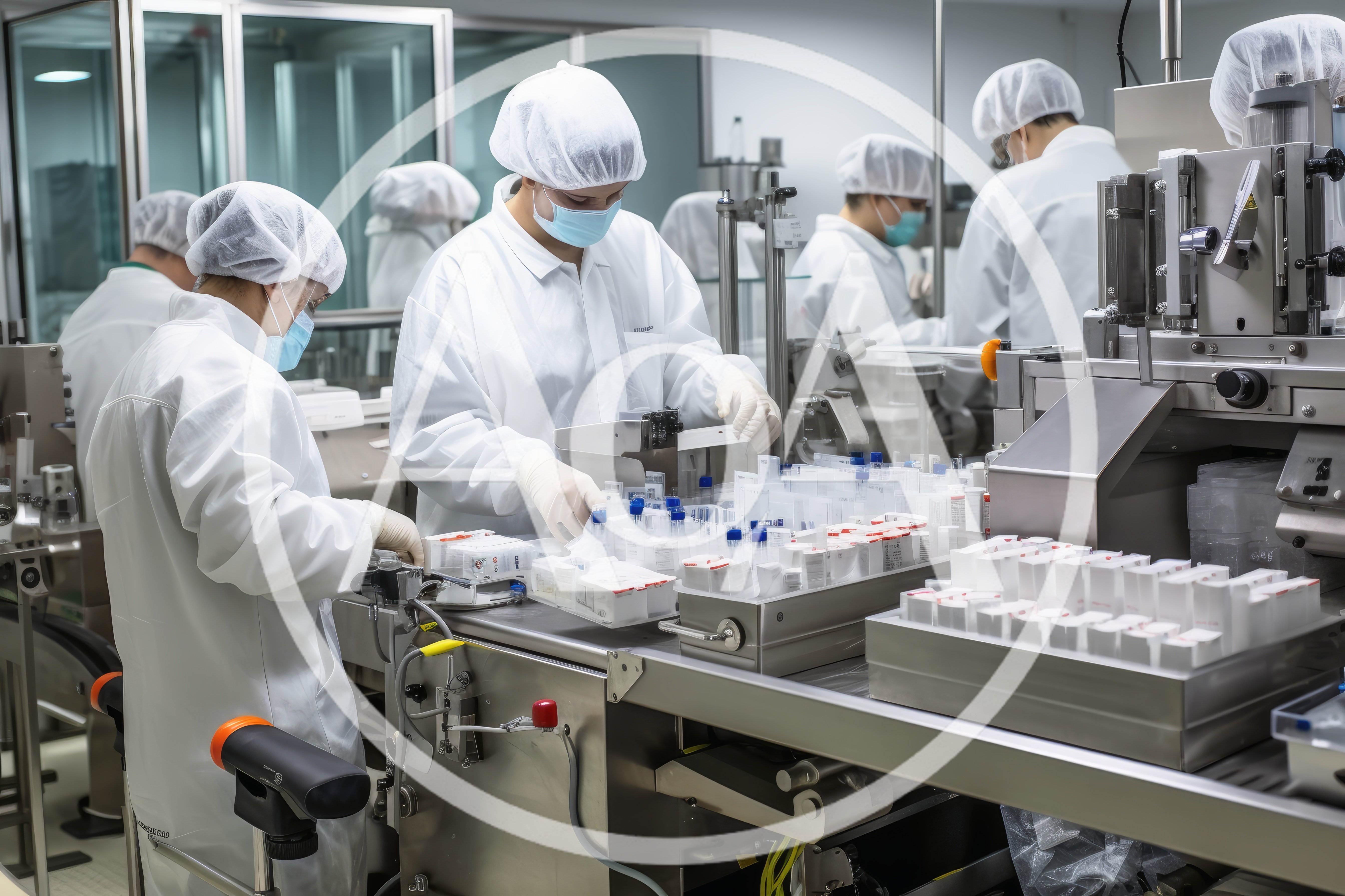 Pharmaceutical Workers Operating Automated Packaging Line