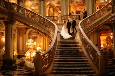 Wedding Couple Ascending Grand Staircase in Opulent Palace