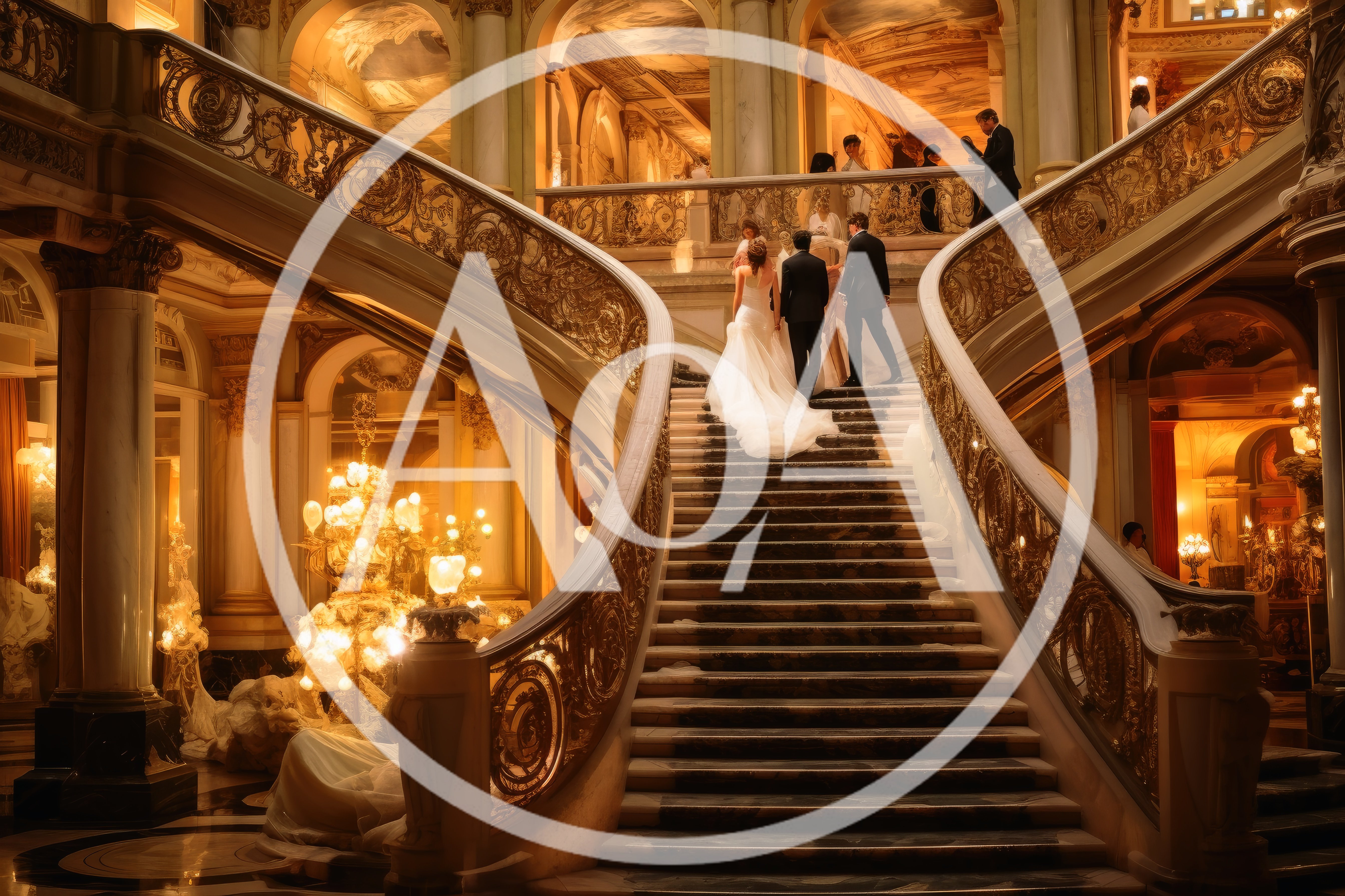 Wedding Couple Ascending Grand Staircase in Opulent Palace