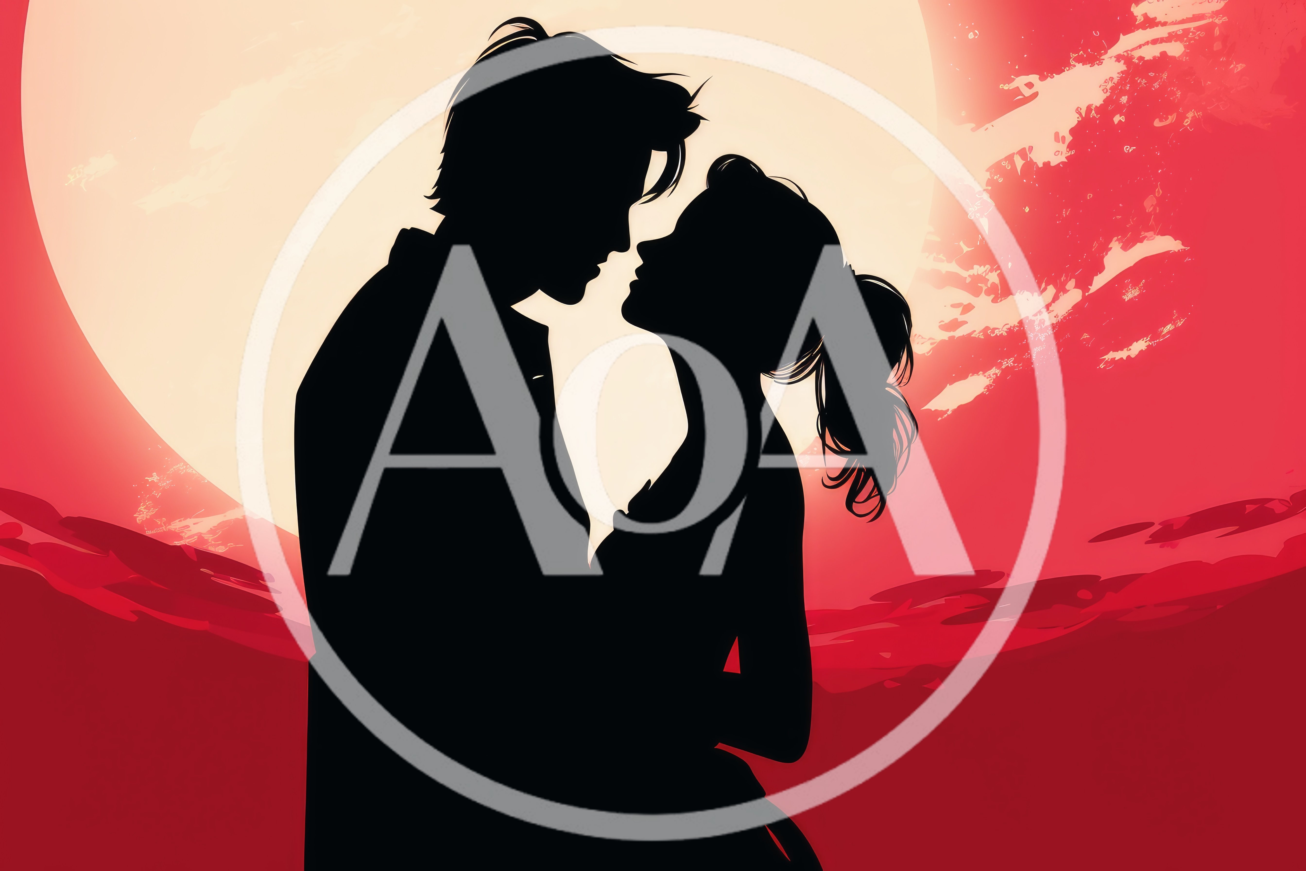 Silhouette Of A Romantic Couple Embracing Under A Full Moon