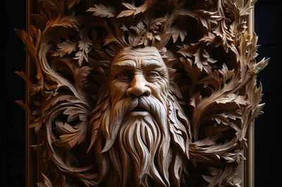 Intricate Green Man Wood Carving Sculpture