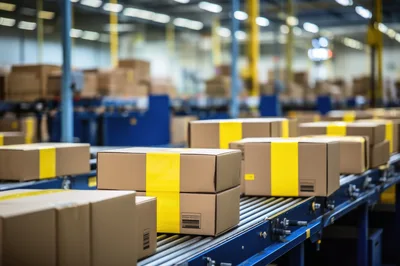 Cardboard Packages Moving Along Automated Warehouse Conveyor Belt