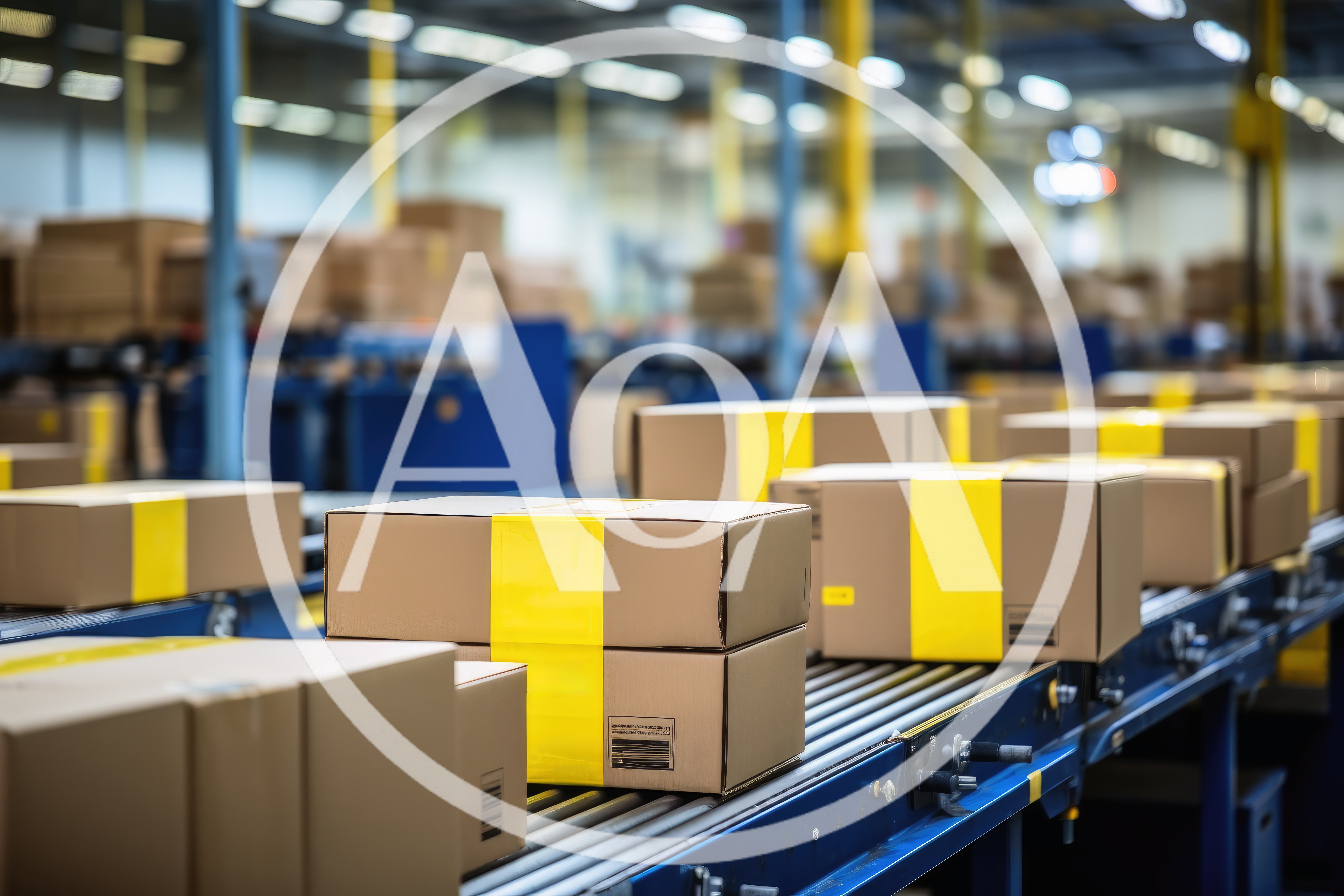 Cardboard Packages Moving Along Automated Warehouse Conveyor Belt
