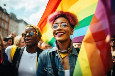Diverse Young Women Celebrating At Pride Parade