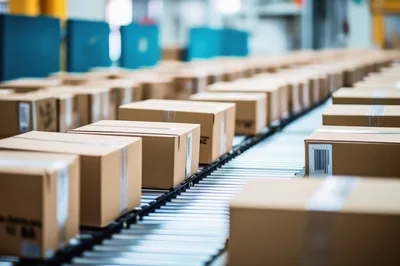 Cardboard Boxes Moving Along An Automated Warehouse Conveyor Belt