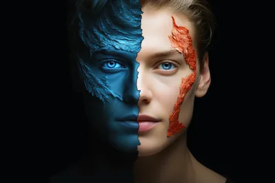 Split Face Portrait With Blue And Orange Textures