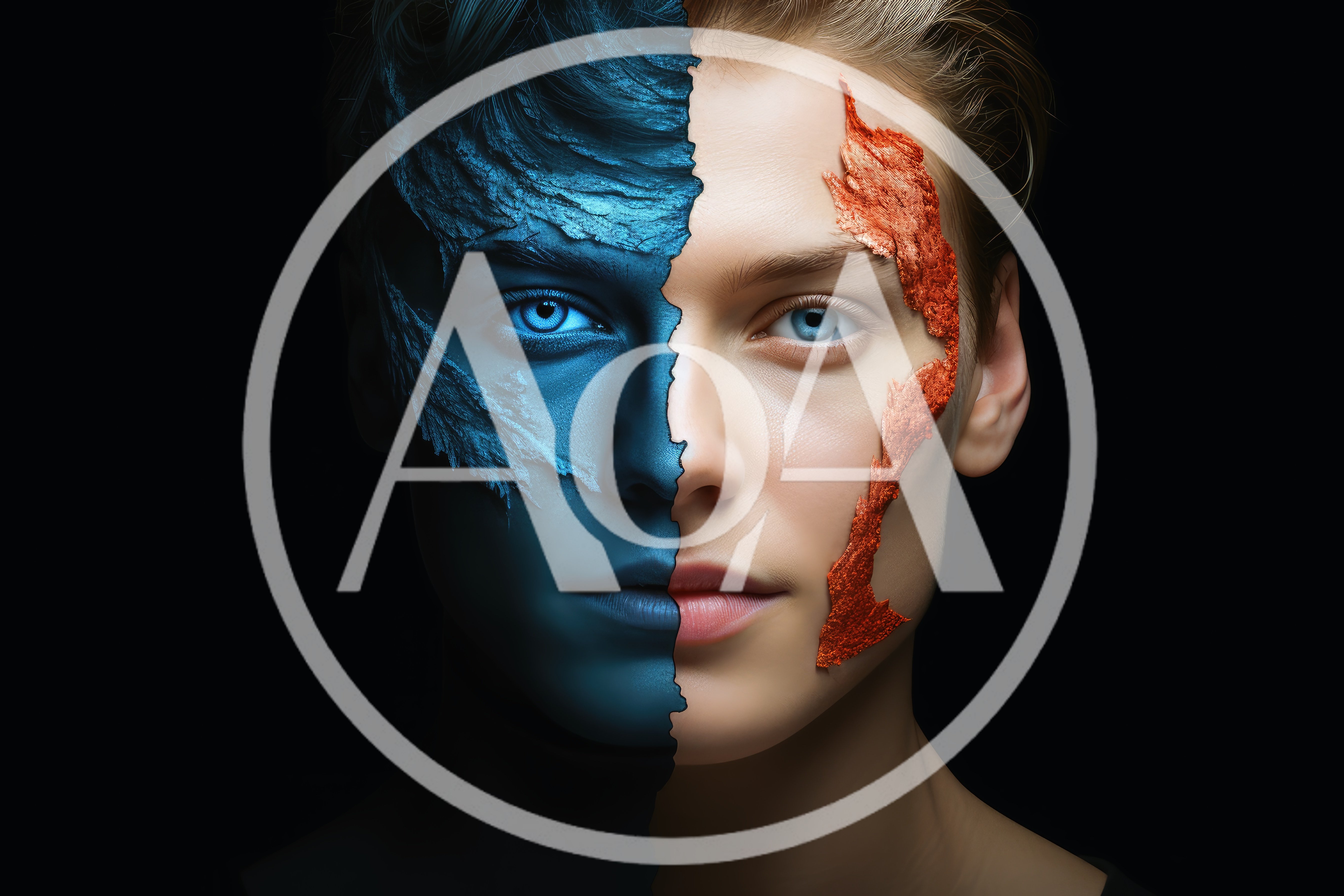 Split Face Portrait With Blue And Orange Textures