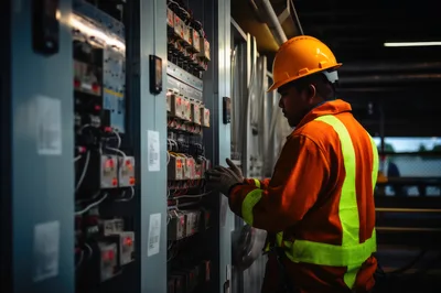 Industrial Electrician Inspecting Electrical Control Panel