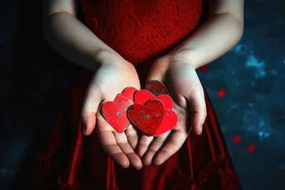Person Holding Red Heart Cutouts in Hands