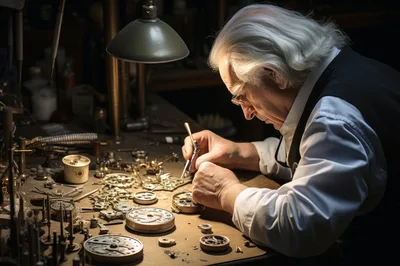 Elderly Watchmaker Repairing Vintage Timepiece In Workshop
