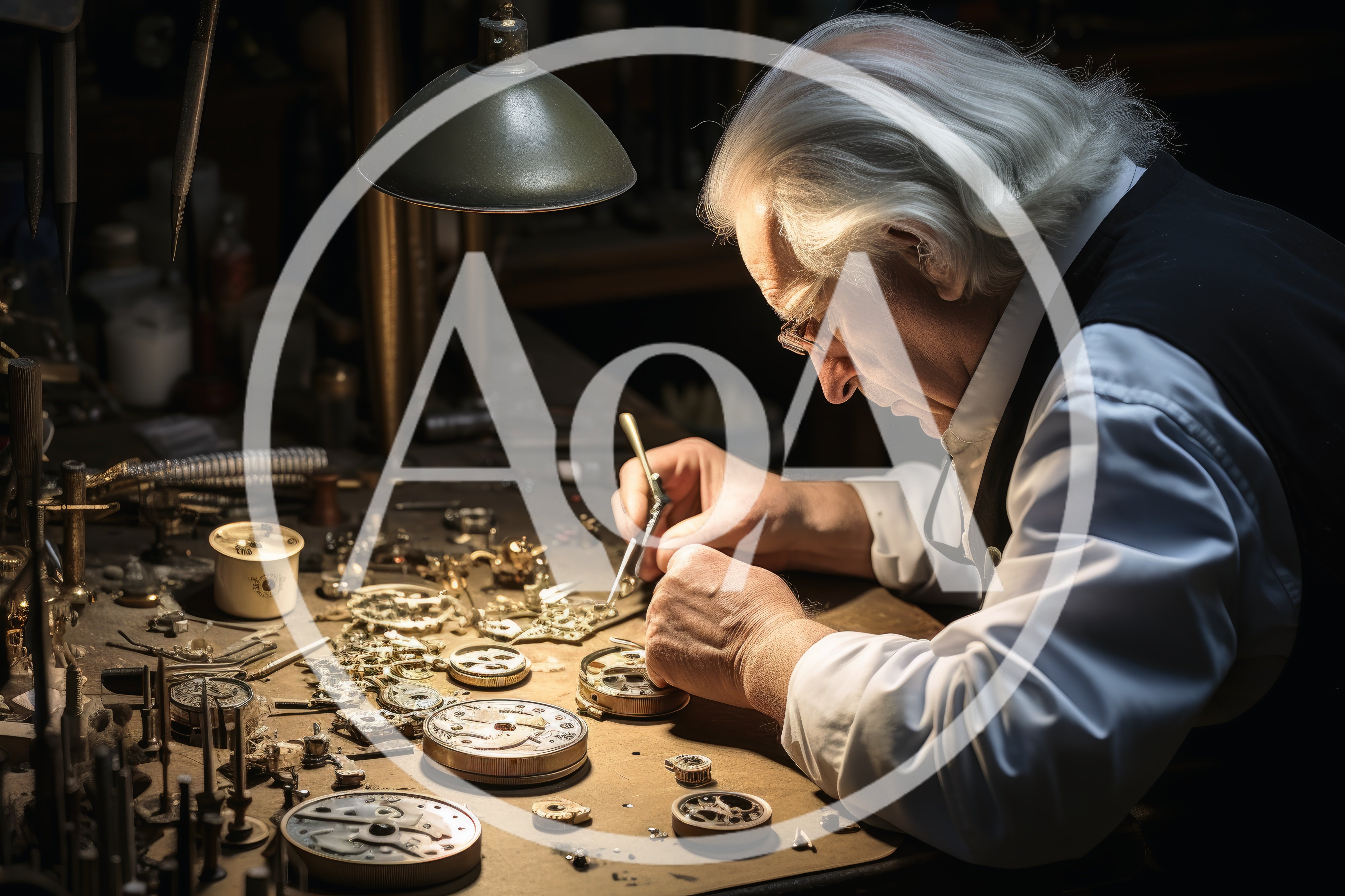 Elderly Watchmaker Repairing Vintage Timepiece In Workshop