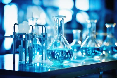 Laboratory Glassware With Blue Chemical Solution